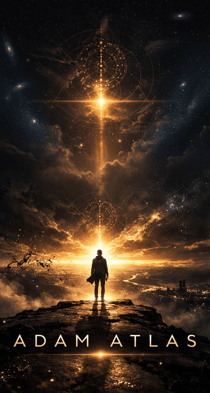 Adam Atlas — cloaked figure against amber light, breaking chains