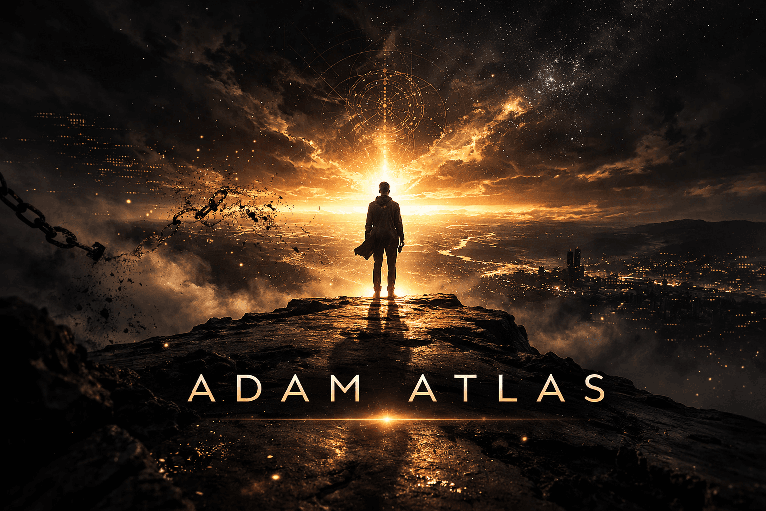 Adam Atlas — cloaked figure against amber light, breaking chains