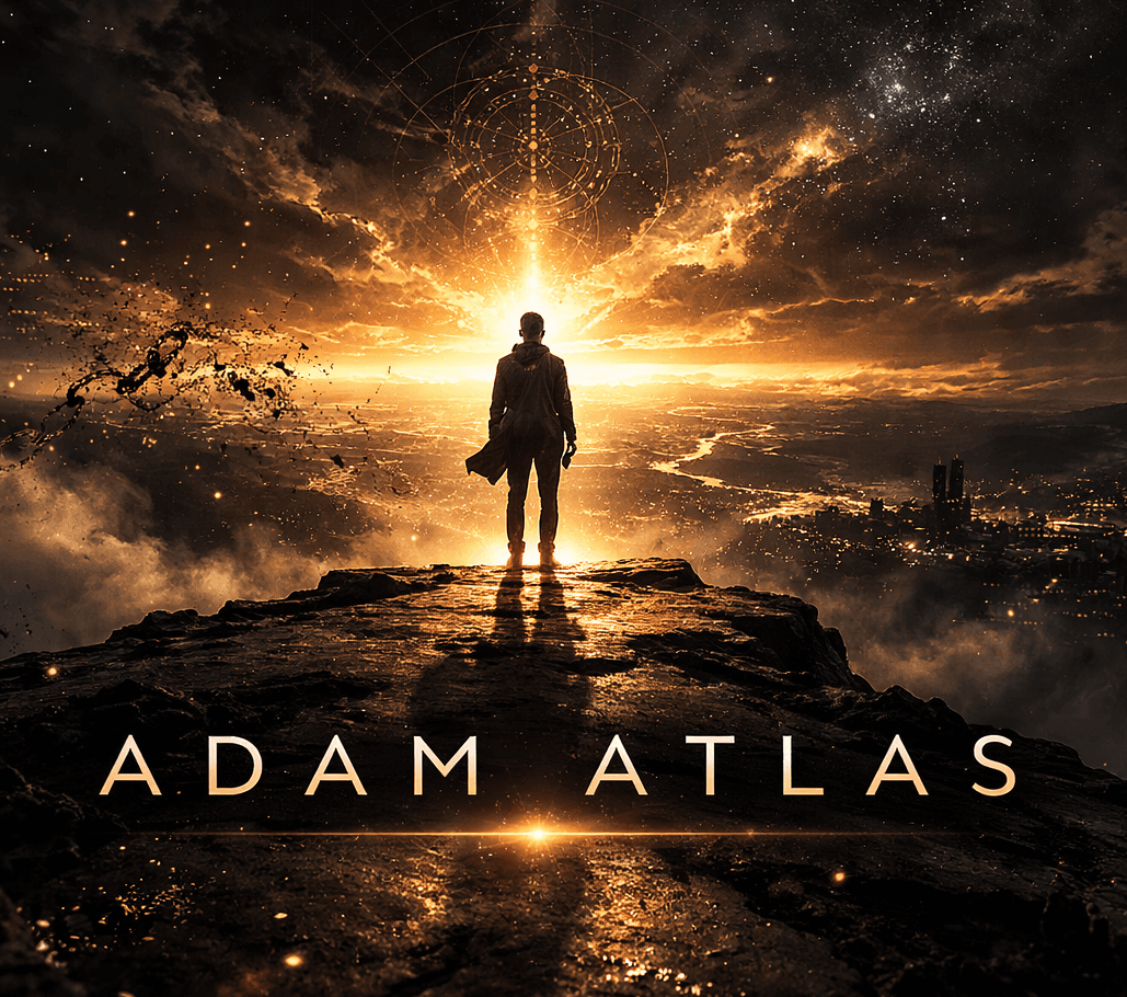 Adam Atlas — cloaked figure against amber light, breaking chains